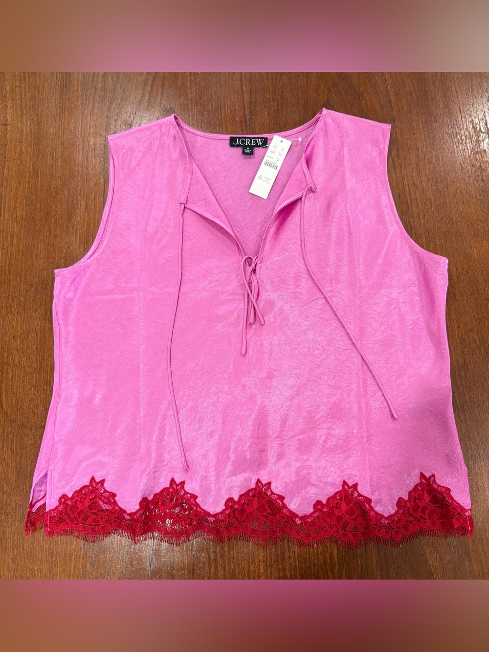 NWT J. Crew Pink Textured Satin Top with Lace Trim